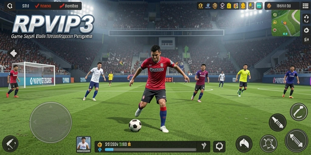 Screenshot gameplay RPVIP3 dengan aksi memukau di lapangan sepak bola.