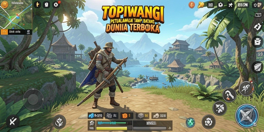 Screenshot dari gameplay TOPIWANGI menampilkan petualangan luas dan interaksi dengan lingkungan.